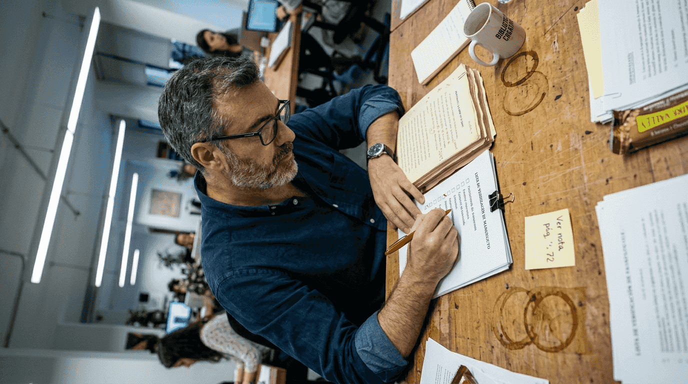 Editor revisando una lista de tareas en medio de una mesa llena de papeles y material de trabajo