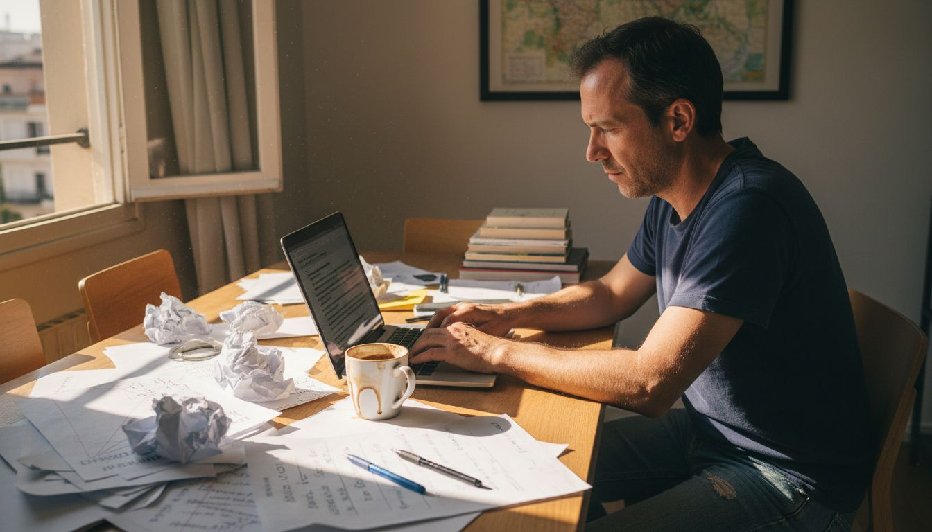 Hombre revisando y mejorando borradores de artículos con ayuda de inteligencia artificial