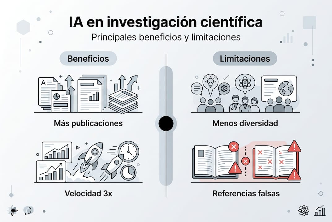 Infografía sobre las ventajas y desafíos de la inteligencia artificial en la investigación