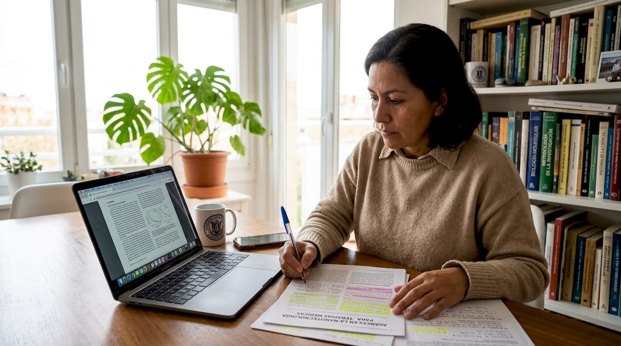 Profesora revisando su artículo científico desde casa