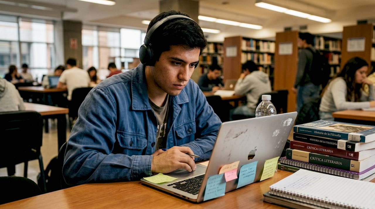 Una estudiante revisa su ensayo rodeada del bullicio de la biblioteca