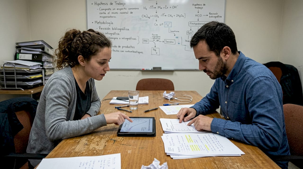 Un equipo de investigadores trabajando en conjunto y analizando datos de manera colaborativa.
