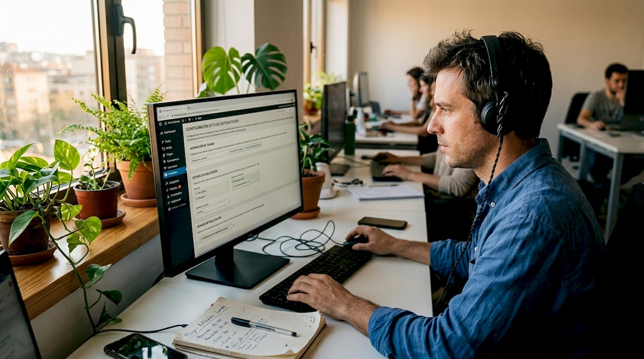Editor realizando ajustes en el flujo automático dentro de un escritorio colaborativo