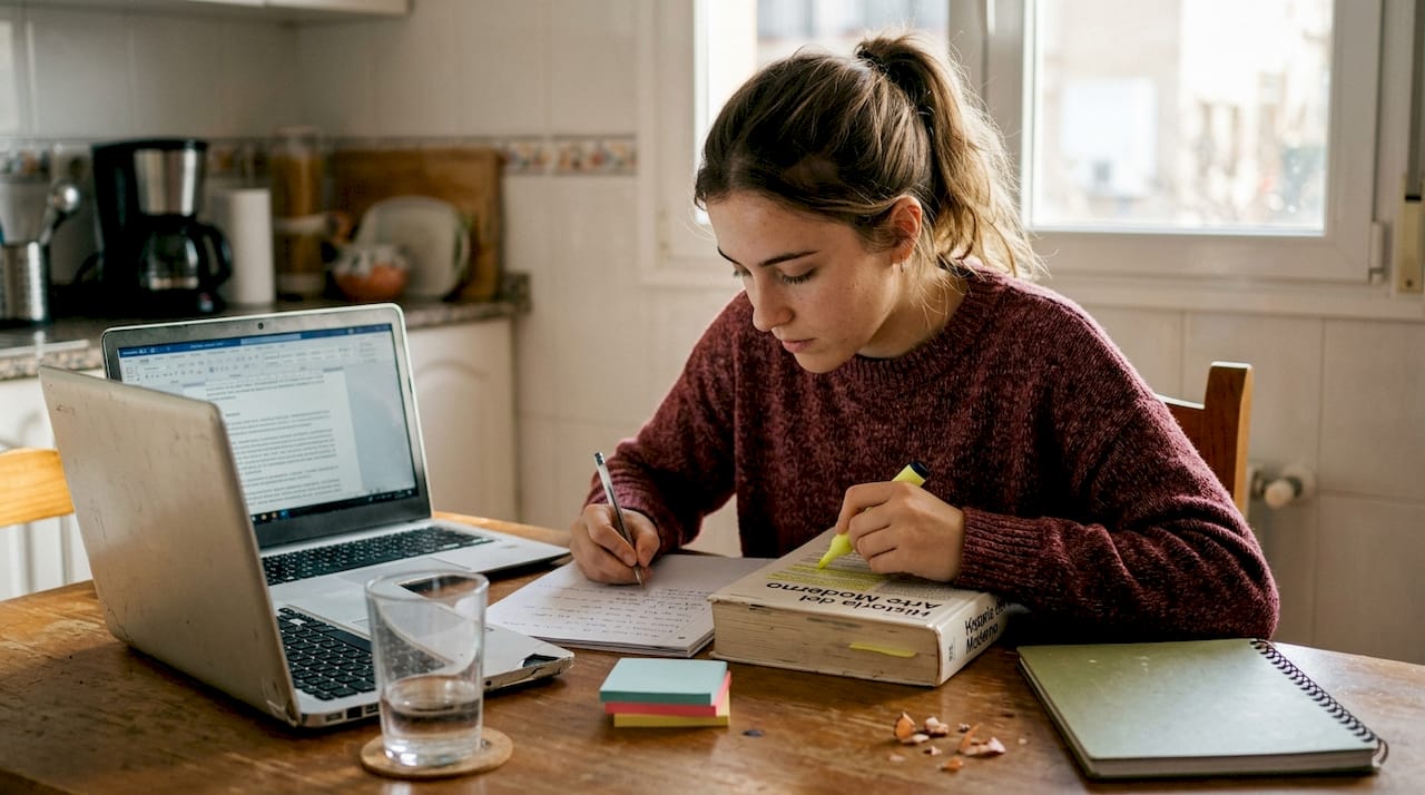 Estudiante subrayando su libro de texto para hacer un resumen