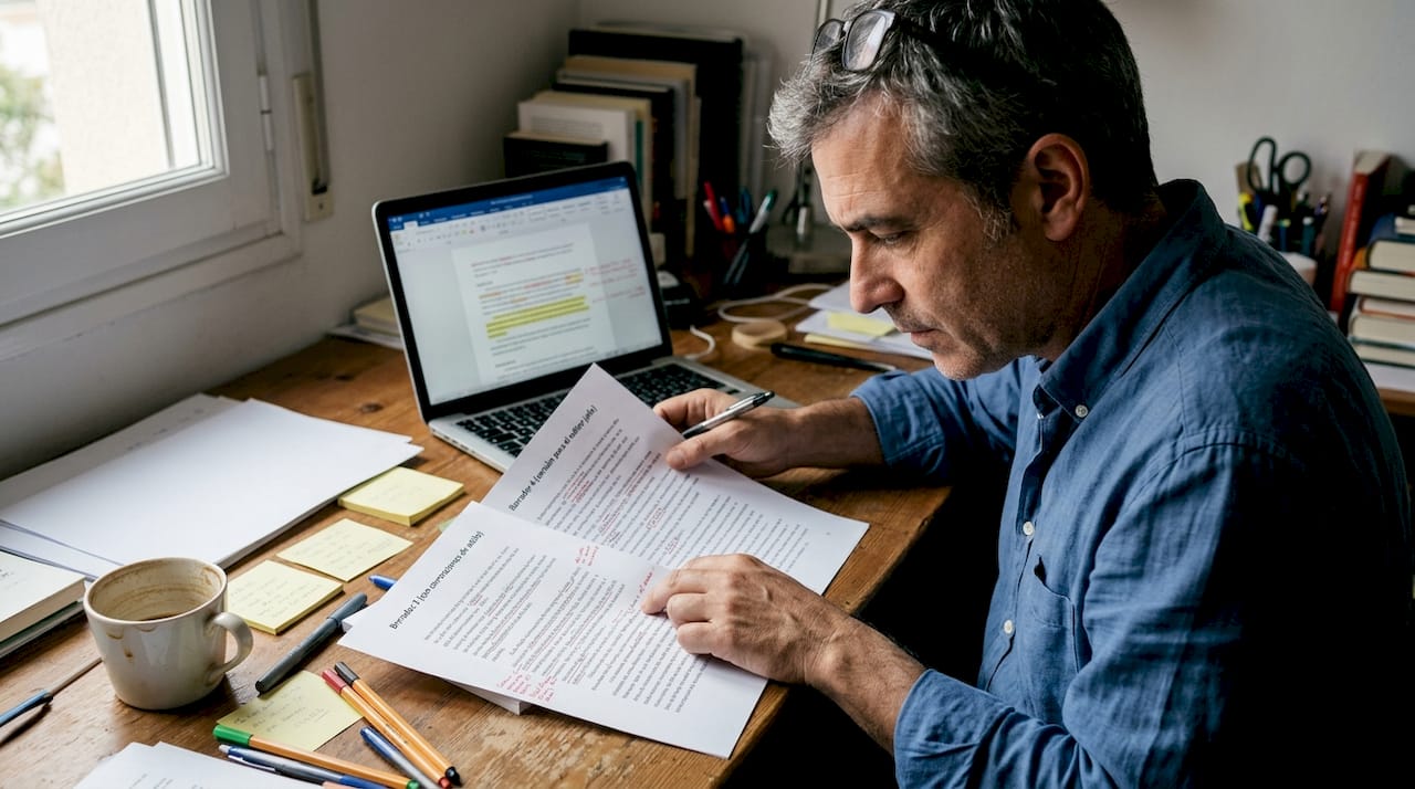 Editor revisando distintas versiones de un documento en su escritorio