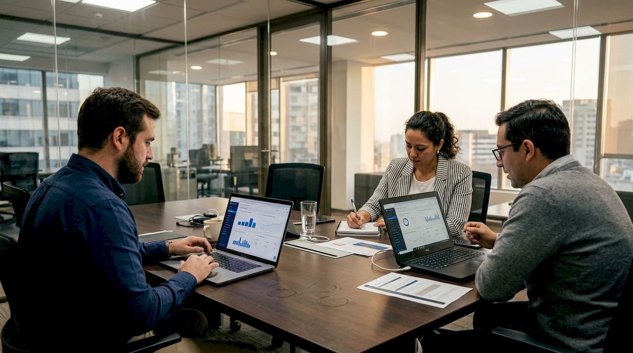 Un equipo revisa y discute los datos durante una reunión en la sala de juntas.