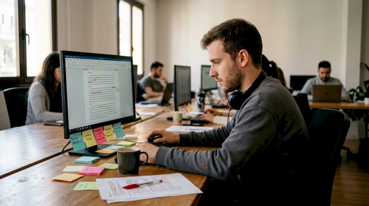 El trabajador revisa las correcciones de texto apoyándose en herramientas digitales.