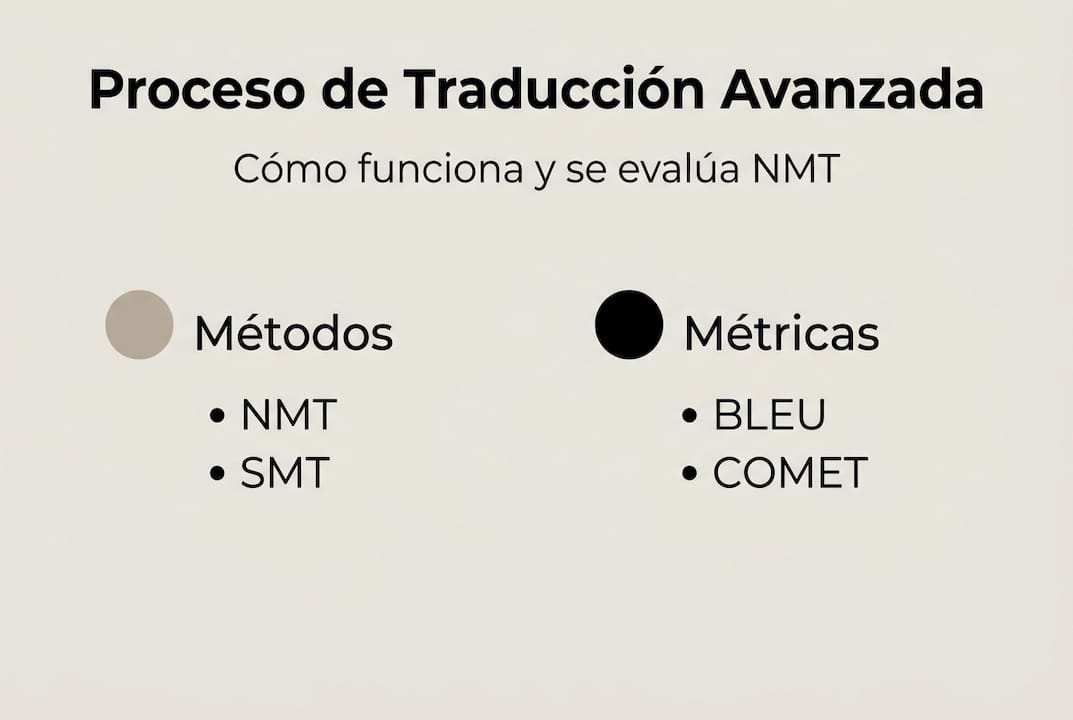 Infografía sobre el flujo de trabajo y las métricas en traducción automática