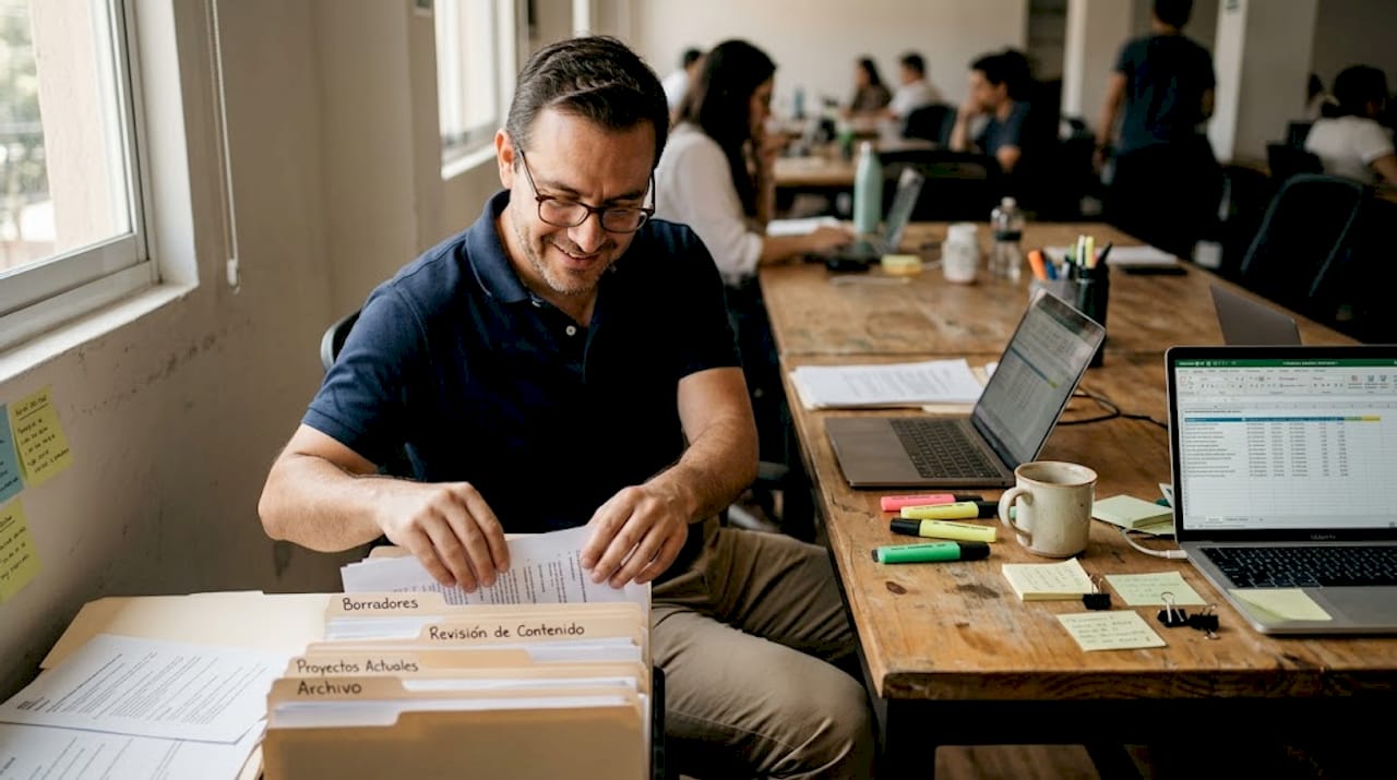 Hombre organizando su espacio de trabajo con carpetas de prompts de inteligencia artificial