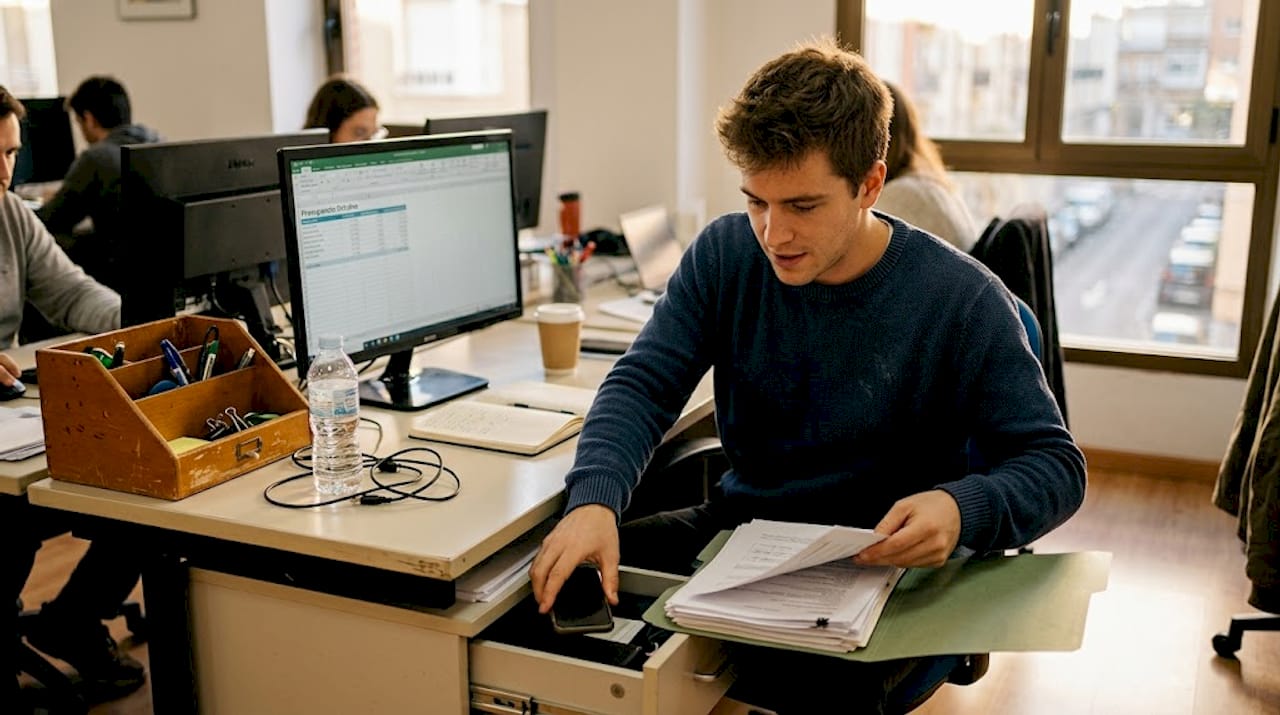 Un hombre ordena su escritorio para evitar distracciones y poder concentrarse mejor.