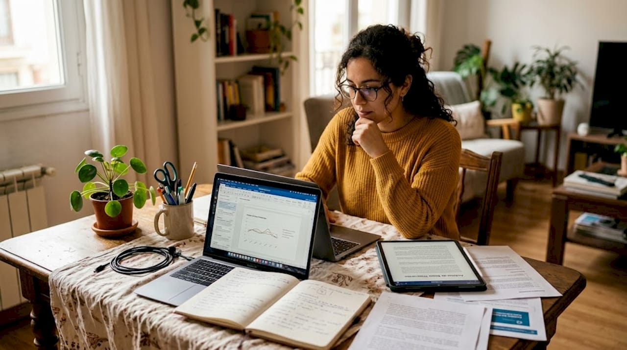 Escritora trabajando en la mesa del comedor con una herramienta de inteligencia artificial en la nube.