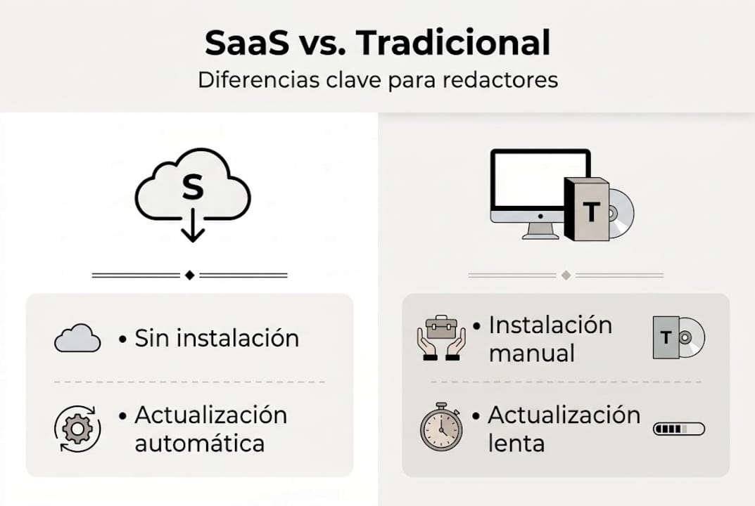 Infografía que muestra las diferencias entre plataformas SaaS y programas de software convencionales