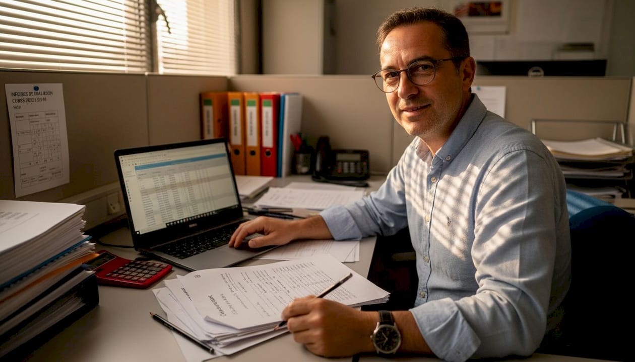 Profesor analizando informes de evaluación apoyado por inteligencia artificial