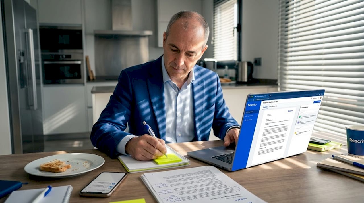 Hombre revisando documentos en PDF desde su portátil en la mesa de la cocina.