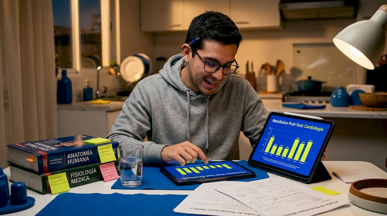 Estudiante de medicina revisando los resultados en una tablet