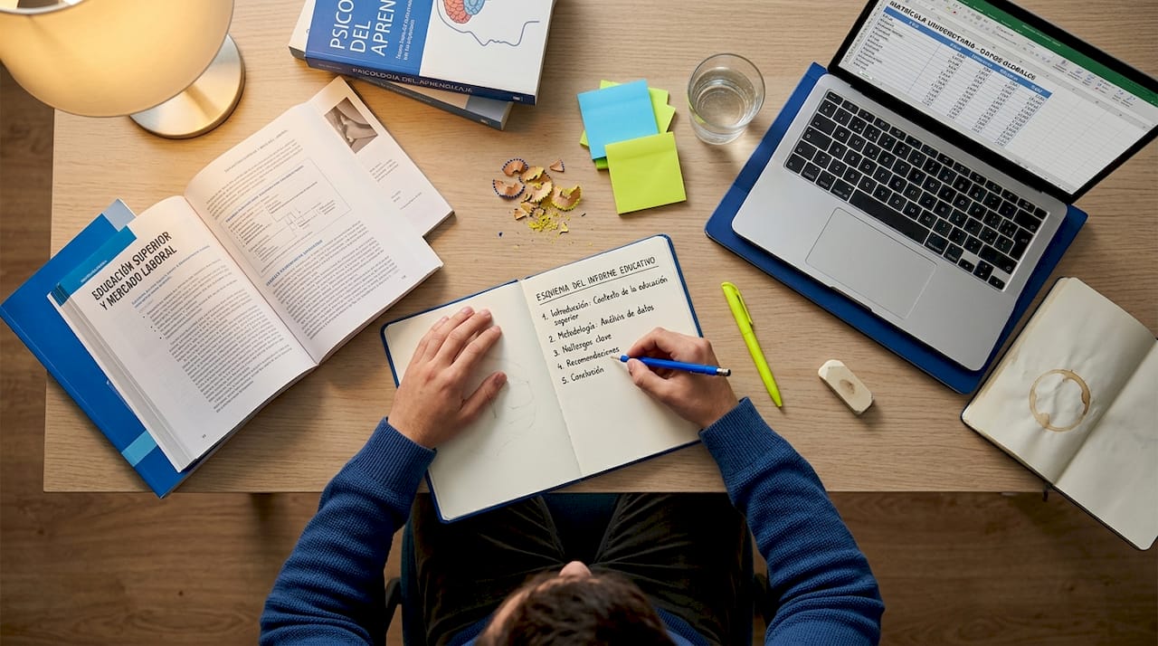 Estudiante preparando el esquema de un informe desde su oficina en casa