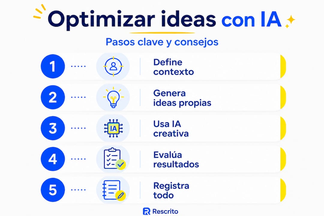 Infografía en formato vertical que muestra el proceso para crear ideas utilizando inteligencia artificial