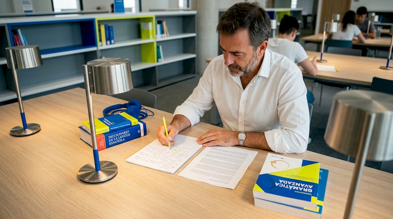 Un traductor revisando y comparando documentos en una biblioteca universitaria