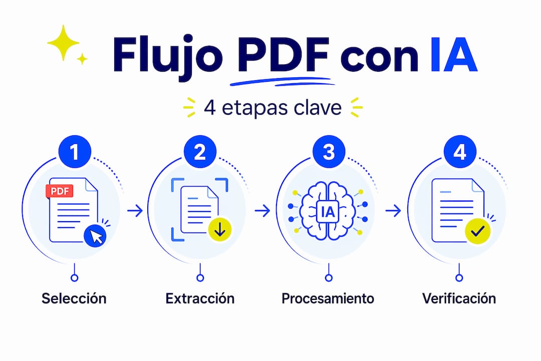 Infografía que ilustra las distintas fases del análisis de archivos PDF utilizando inteligencia artificial