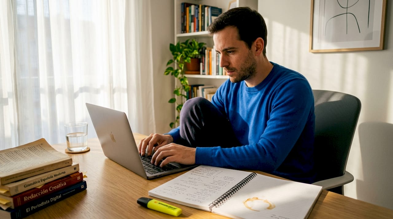 Redactando un artículo para el blog desde la comodidad de mi escritorio en casa