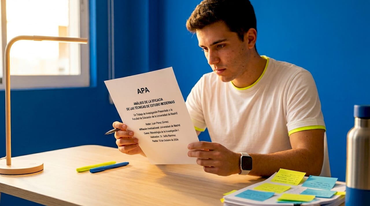 Persona revisando la portada de un trabajo en formato APA, sentada en un escritorio sencillo.