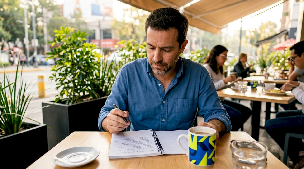 Hombre sentado en la mesa del desayuno, dándole vueltas a sus pensamientos.