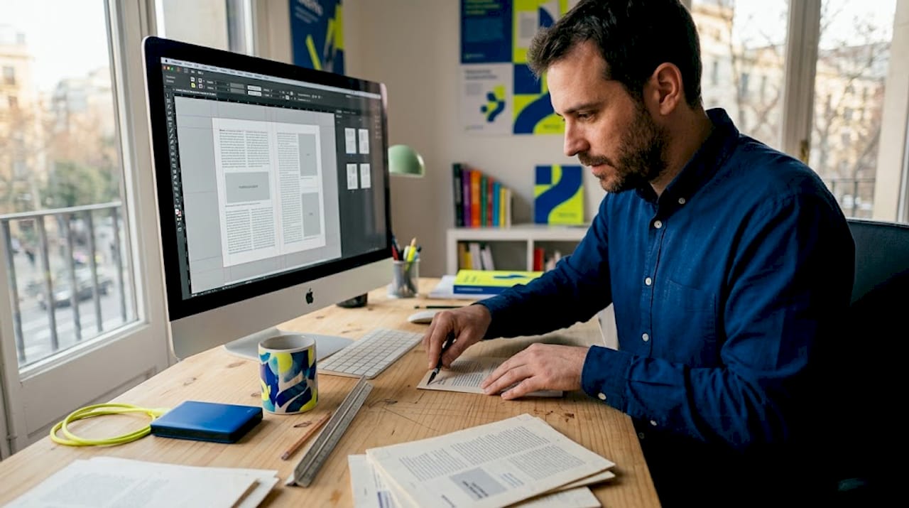 Especialista en maquetación revisando el diseño de un libro en el estudio