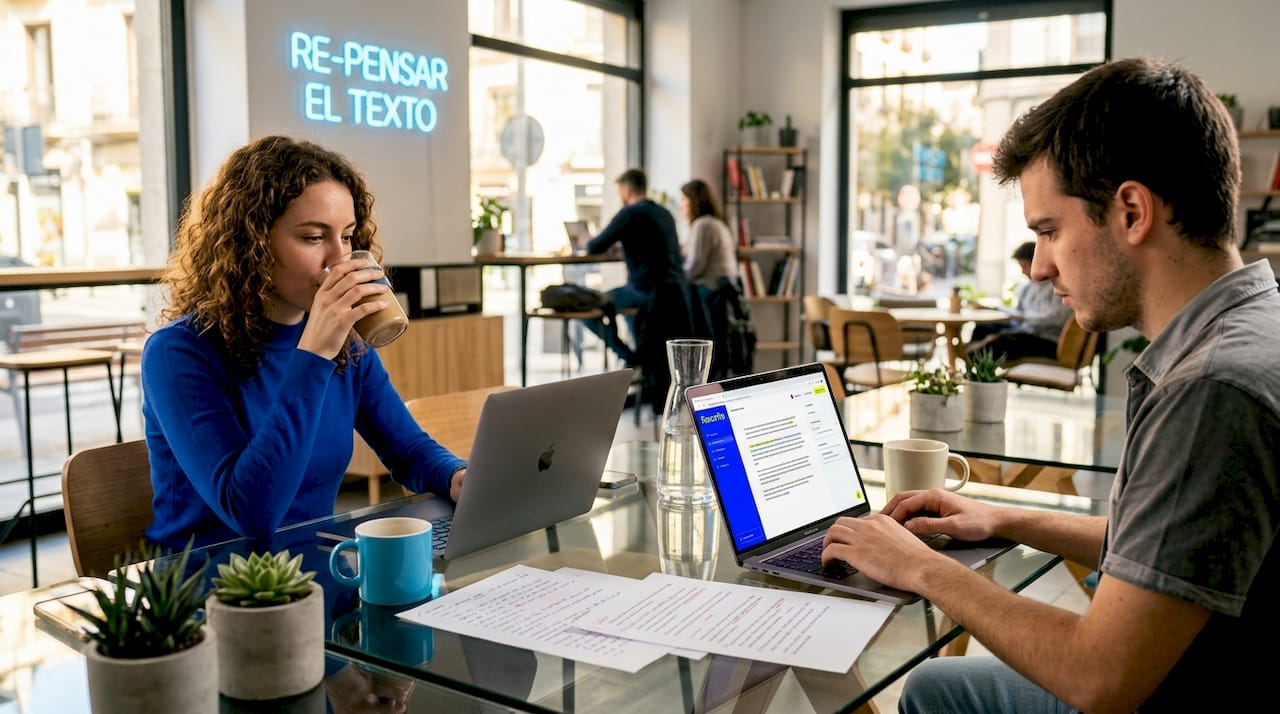 Compañeros de trabajo colaborando en la edición de un documento desde sus portátiles