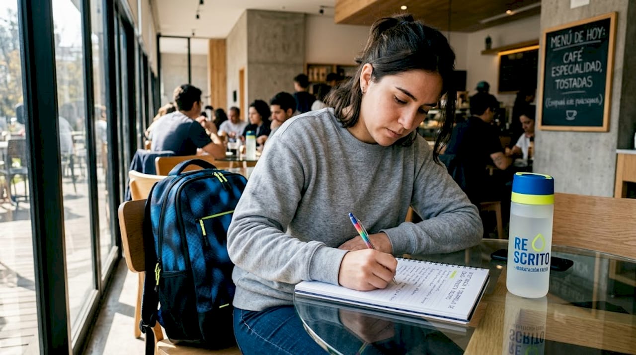Un estudiante sentado en una cafetería, anotando ideas en su cuaderno mientras deja volar su creatividad.