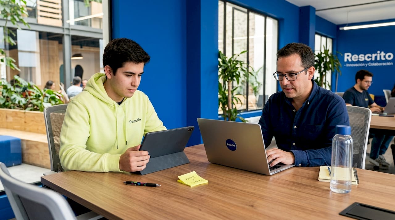 Un grupo de compañeros trabaja en equipo en un espacio abierto, cada uno con su portátil, compartiendo ideas y colaborando en sus proyectos.