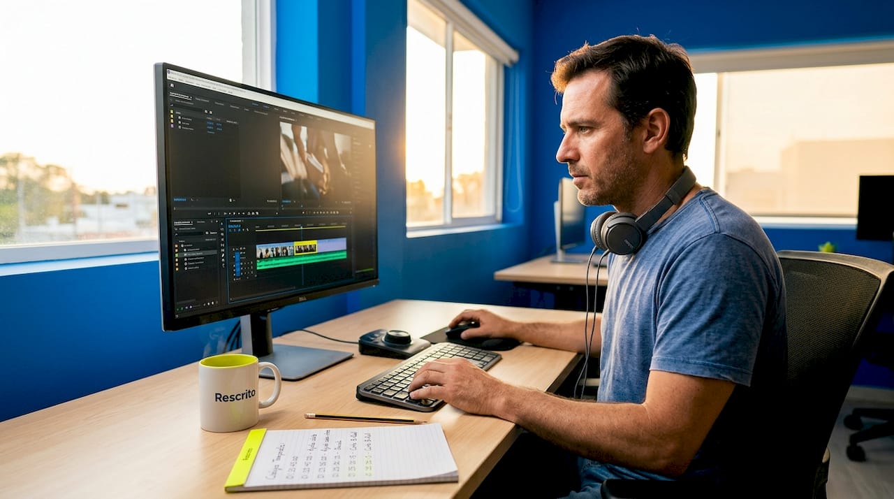 Editor de vídeo trabajando en la mesa mientras ajusta la línea de tiempo de su proyecto
