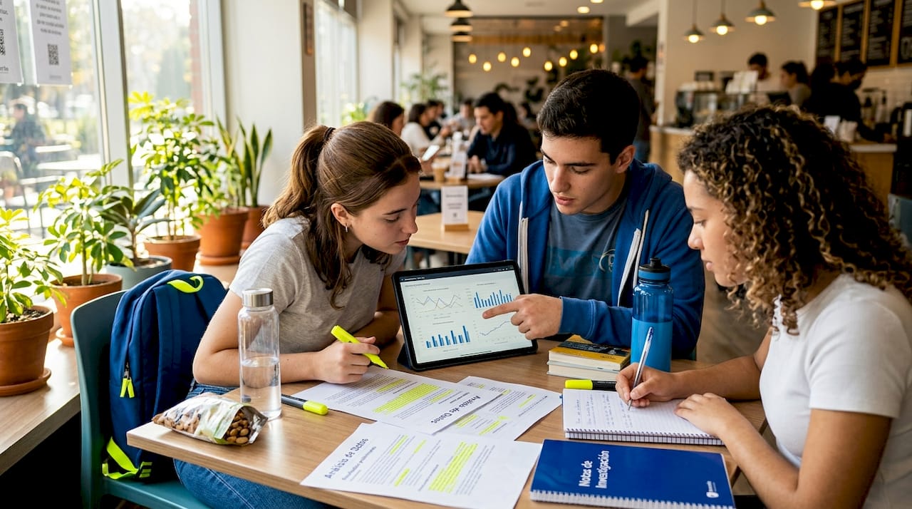 Estudiantes trabajando juntos y compartiendo información con sus dispositivos y apuntes.