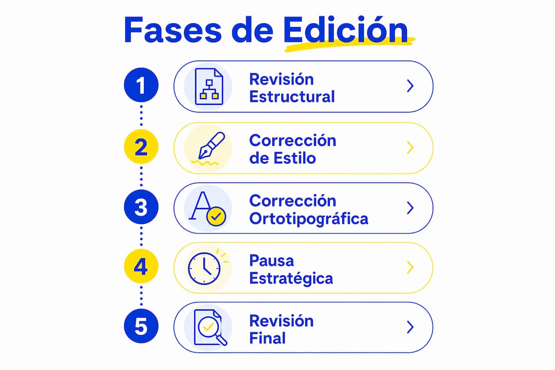 Infografía que ilustra las distintas etapas del proceso de edición de textos, explicadas paso a paso.