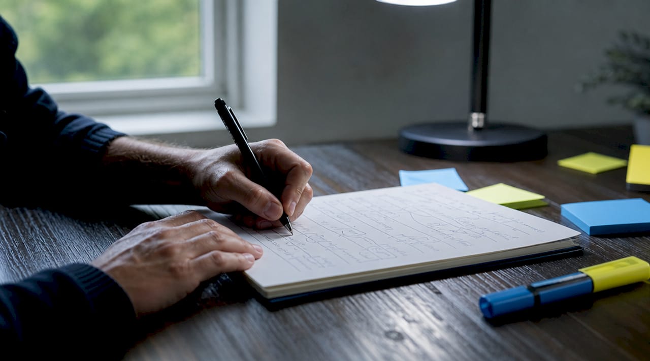 Unas manos escribiendo con bolígrafo sobre un esquema de apuntes