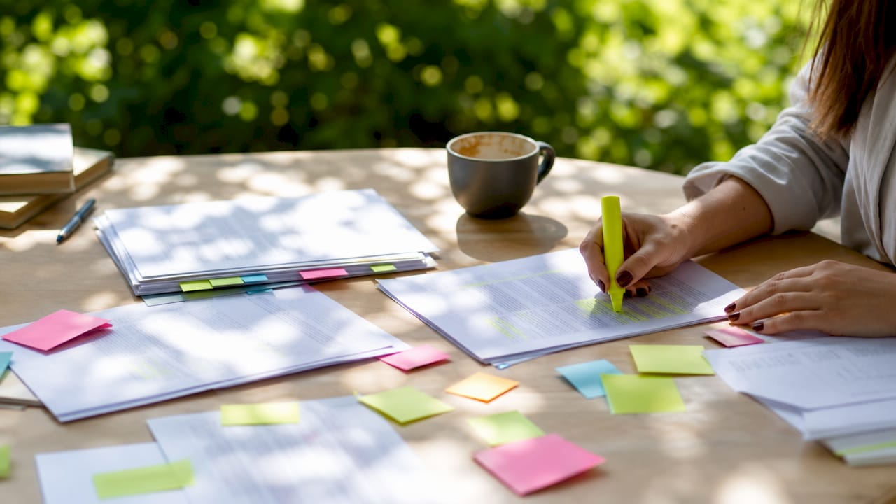 Unas manos ordenan papeles en diferentes pilas sobre un escritorio de trabajo.