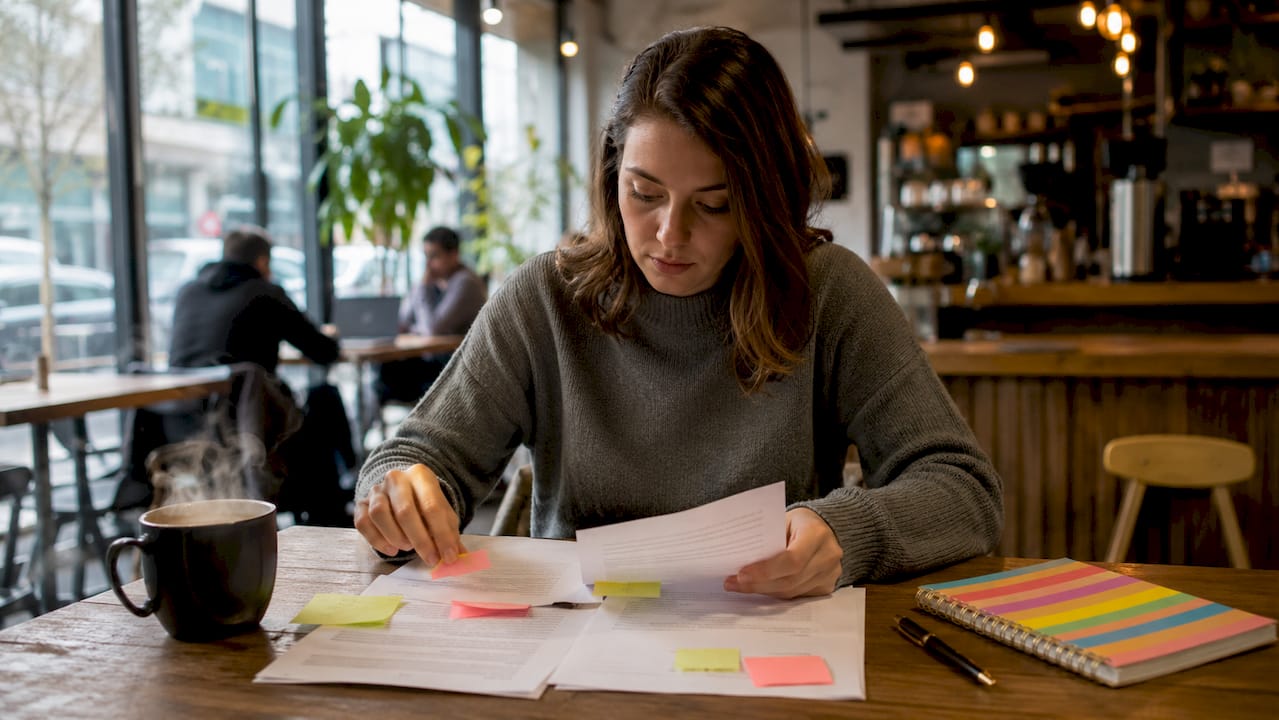 Mujer revisando y organizando papeles de trabajo en su escritorio en casa.