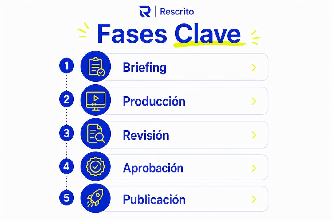 Infografía que muestra las cinco etapas fundamentales en el proceso de gestión editorial