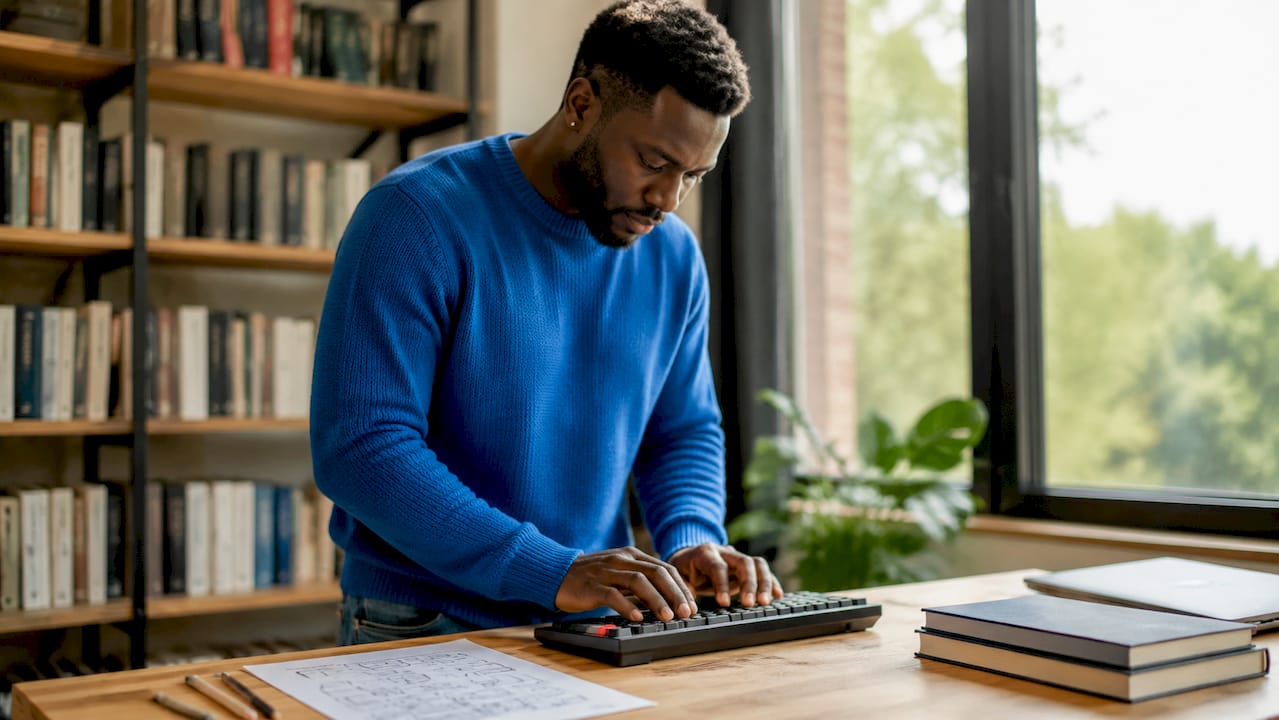 Manos escribiendo en el teclado mientras se toman apuntes sobre ingeniería de prompts