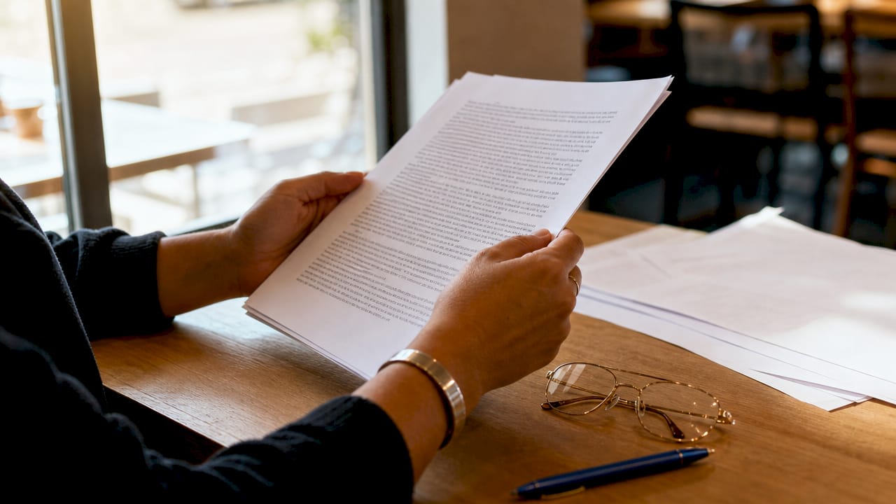 Unas manos revisan detenidamente un artículo académico impreso.