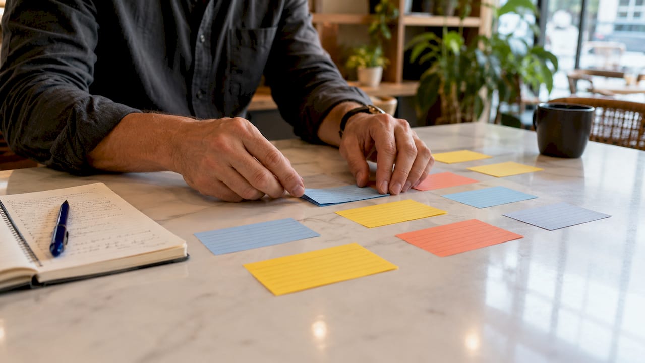 Personas distribuyendo y ordenando tarjetas de actividades del proyecto