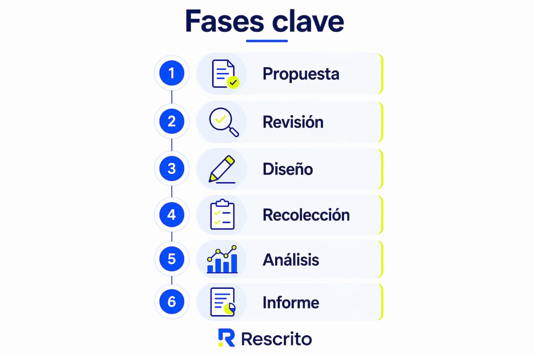 Infografía que resume las etapas clave en el desarrollo de un proyecto de investigación