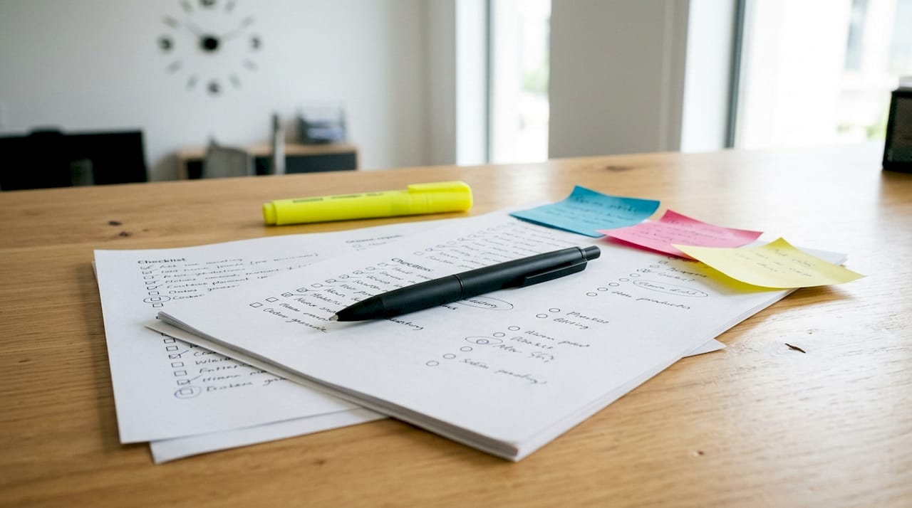 Bolígrafo sobre una lista de revisión y escritorio de oficina