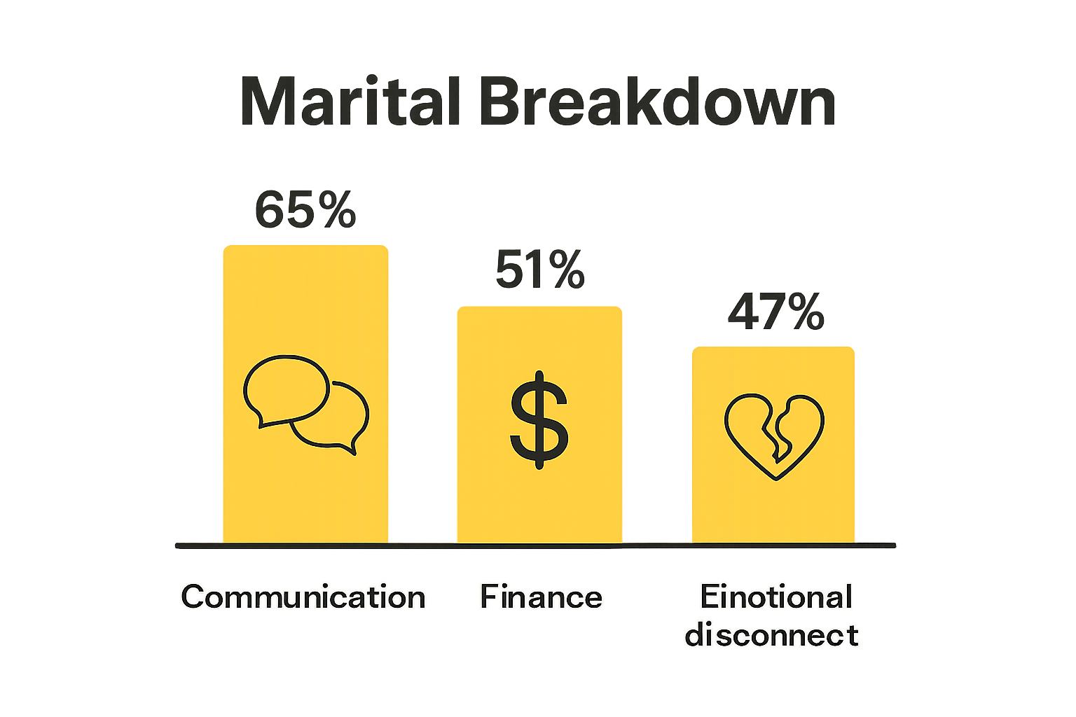 Infographic comparing top 3 reasons marriages fail: communication, finances, emotional disconnect.