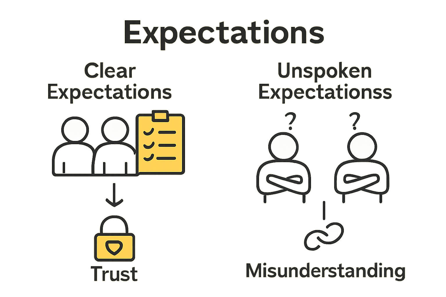 Infographic comparing clear vs. unspoken relationship expectations using icons for trust and misunderstanding