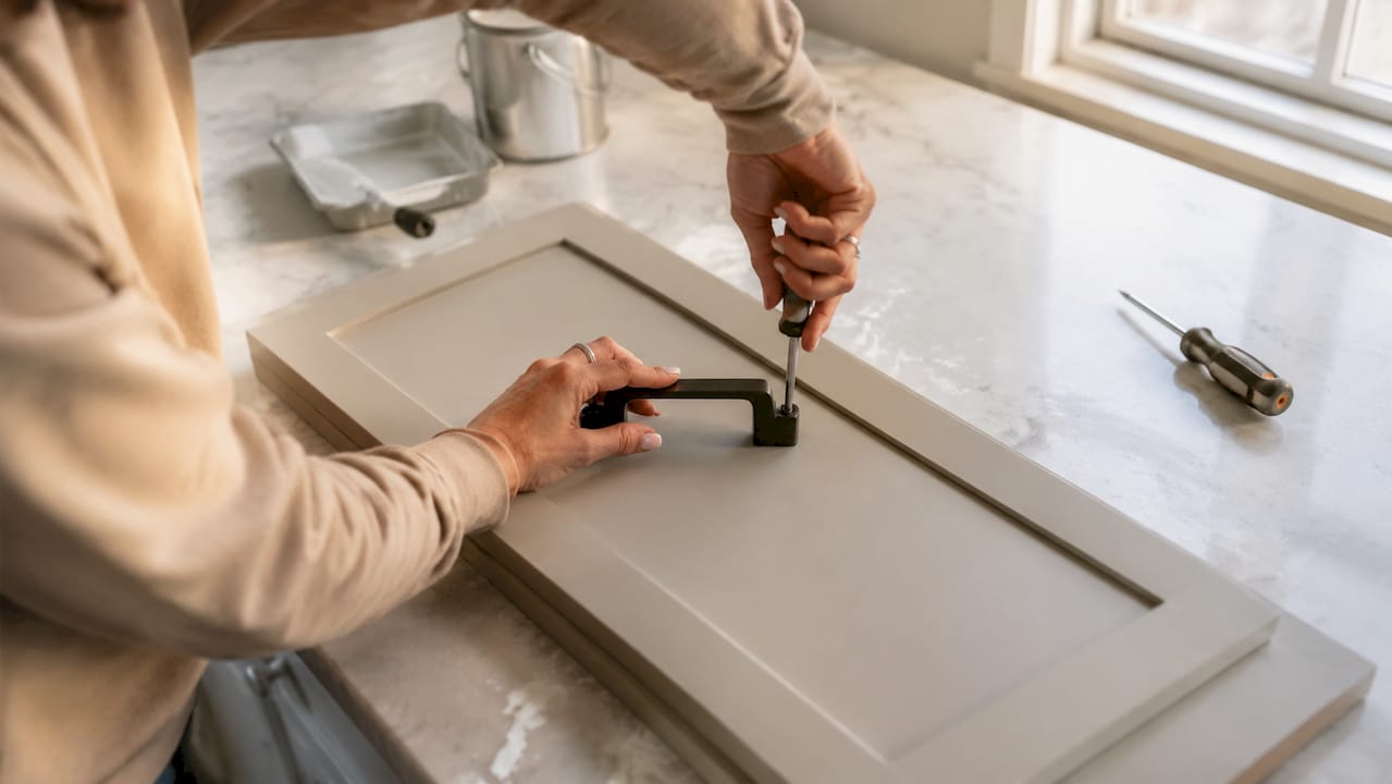 Hands installing cabinet hardware upgrade