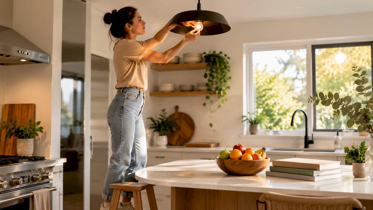 Hands installing warm LED light bulb
