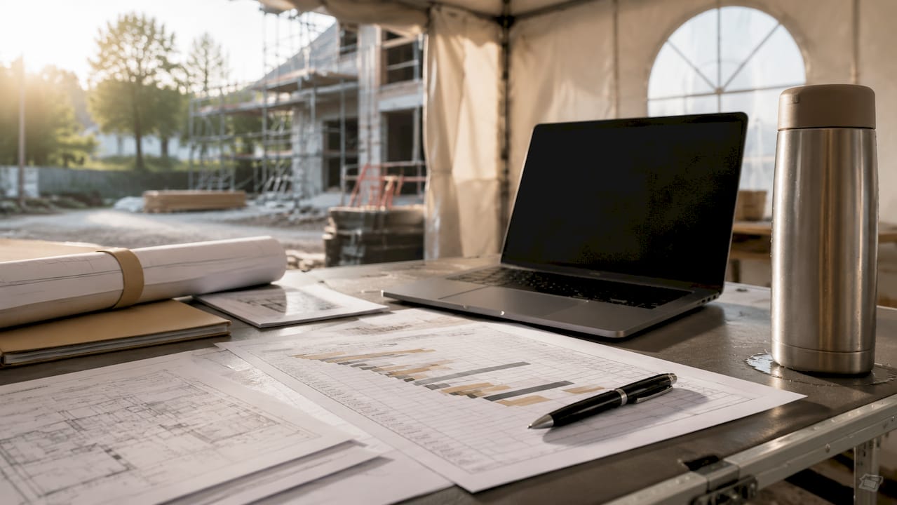 Contractor’s desk with renovation schedules overhead view