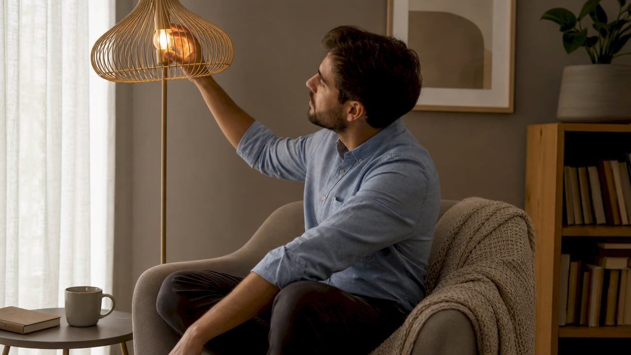 Man installing warm LED bulb in living room