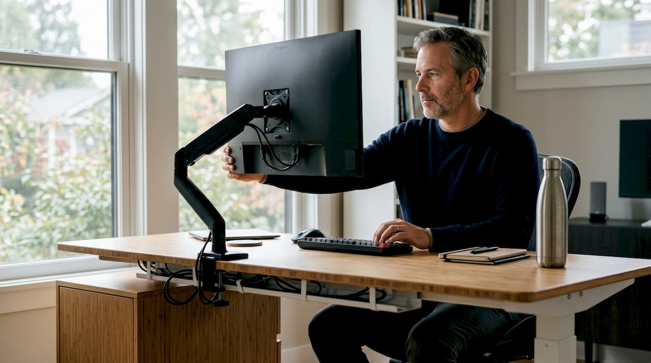 Man adjusting ergonomic setup in custom office