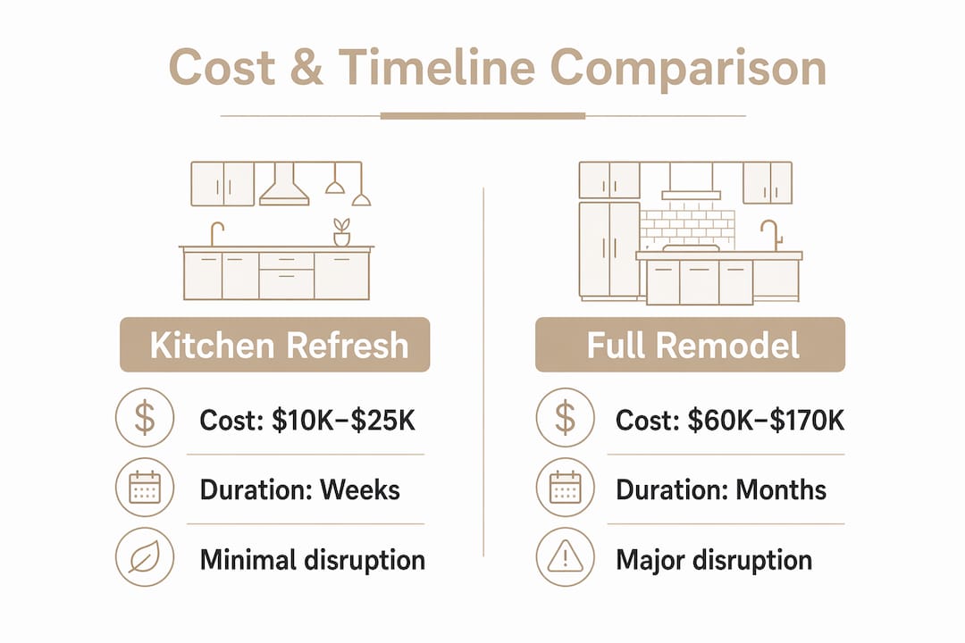 Infographic comparing kitchen refresh and full remodel costs and timelines